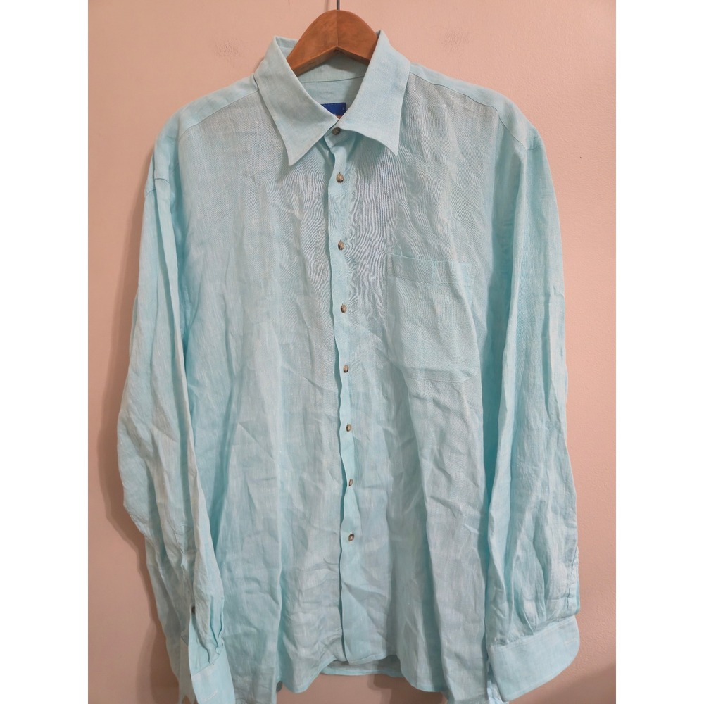 Ben Silver The Charleston Shirt Mens Large Aqua Blue 100% Linen Made in Canada